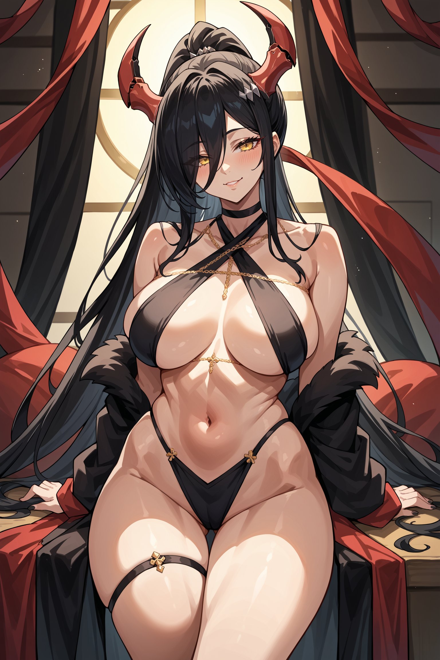 score_9, score_8_up, score_7_up, , rating_general ,1girl ,yellow eyes, hair over one eye, very long hair, high ponytail, black hair, red mechanical horns, horn ornament, choker, gold necklace, criss-cross halterneck, black bikini, thigh strap,  indoors, source_anime, <lora:FriedrichDerGrossePDCAMEq4v1.1 AL:1>, cowboy shot, abstract, spotlight, naughty face,  