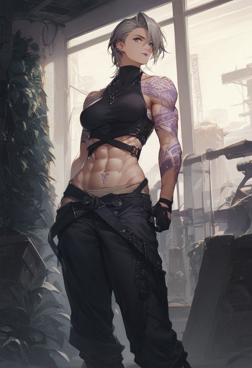 score_9, score_8_up, score_7_up, 1girl, zoya_(ptn), blue eyes, grey hair, short hair, purple lips, crop top, breasts, pants, jacket, sleeveless, tattoo, arm tattoo, muscular female, navel, stomach tattoo, midriff, abs, jewelry, ear piercing, necklace, gloves, boots, indoors, gym, gym equipment, from behind, back, showing back, looking back at viewer, 