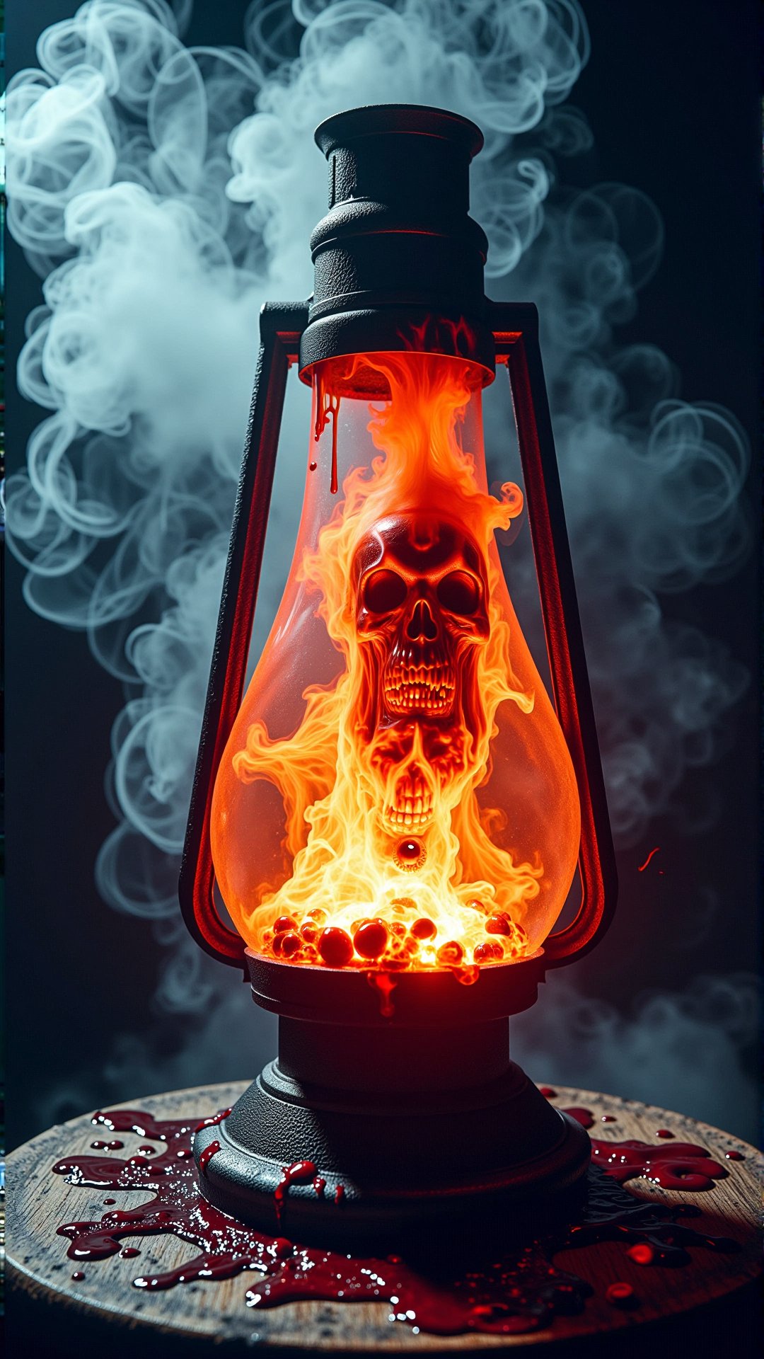 A stunning horror a professional (film grain:1.2) photography, realistic photo of a dark cursed deformation bloody lava lamp <lora:DarkmosphericFlux:0.65>, gas spirit rising up, high resolution photography, ultra resolution, 4k, 8k, 16k, HDR, DOF, studio photography, professionalismphotography,close-up shot,straight angle,centered subject,dramatic,hyperdetailed,rule of thirds,high fantasy,mood lighting,(birds eye view:1.3),shot on Canon PowerShot G5 X Mark II with Built-in 8.8-44mm f-1.8-2.8 