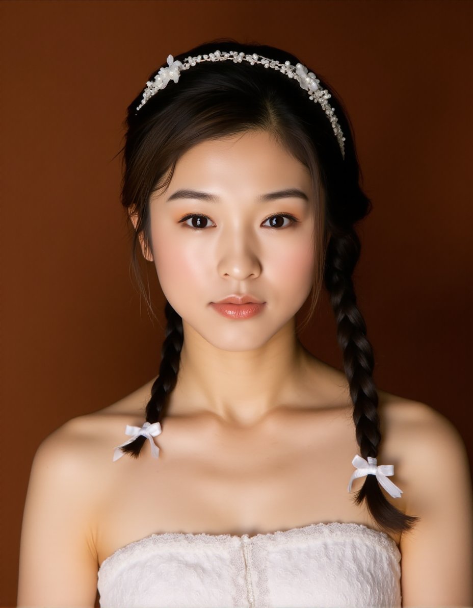 This is a high-resolution, color photograph of a young Asian woman with fair skin and delicate features. She has long, dark brown hair styled in a loose side braid that drapes over her right shoulder. Her hair is adorned with a delicate, beaded headband that features small white pearls and a few small, white ribbon bows, one of which is visible near her ear. Her makeup is subtle yet elegant, with a natural blush on her cheeks, a light pink lip color, and a soft, smoky eye shadow that enhances her large, almond-shaped eyes.She is wearing a white, sleeveless top with a delicate lace texture, which contrasts with her smooth, bare shoulders. The background is a solid, warm brown color, which draws attention to her and creates a soft, intimate atmosphere. The lighting is soft and even, highlighting her delicate facial features and the texture of her hair and clothing. The overall mood of the photograph is serene and delicate, with a touch of sophistication, making it suitable for a bridal or formal portrait.,weixiaojun,  <lora:WeiXiaoJun_Flux_V1:1>