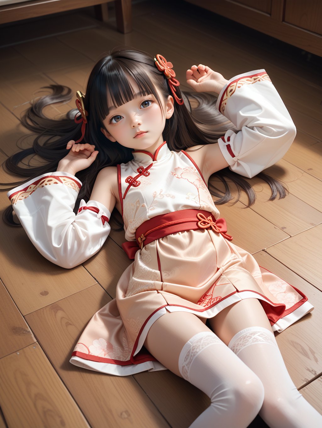 score_9, score_8_up, score_7_up,petite,wooden floor, solo,1girl,blunt bangs,chinese clothes,detached sleeves,white thighhighs,dress pull,hand up,long hair,hair ornament,hair ribbon,from above,head up,looking at viewer,lying,cowboy shot, 