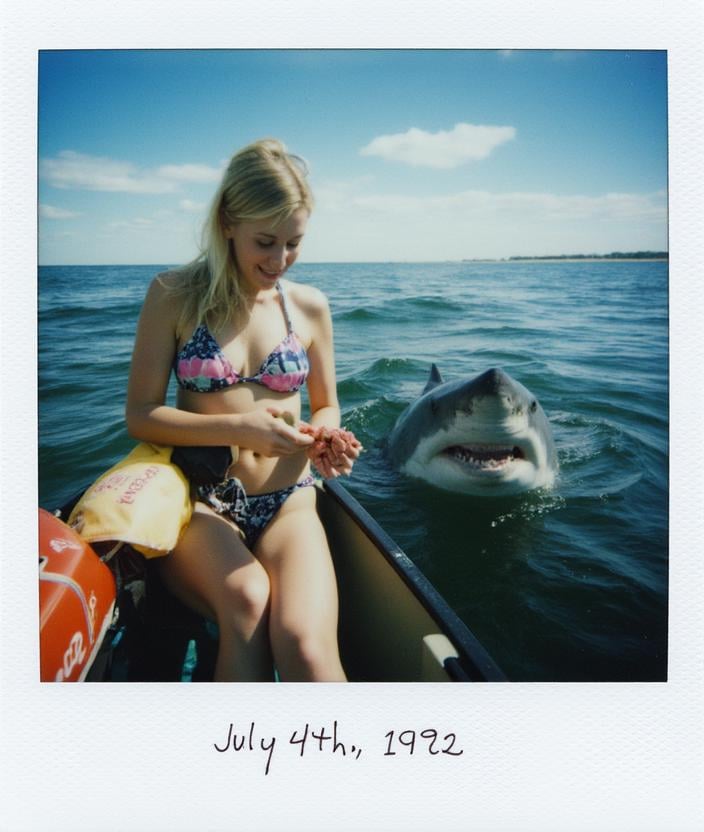 Polaroid of a blond woman in a bikini feeding snacks to a great white from the safety of her canoe.  Hand written on the bottom of the polaroid it says July 4th, 1992 <lora:Polaroid_Flux:1.0><lora:ComfyUI_29655_:0>