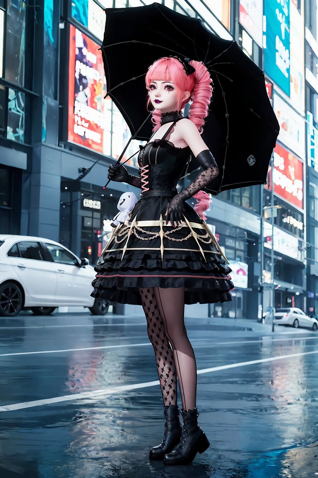 cinematic film still (4k),  (best quality), (ultra-detailed), (realistic),(photorealistic).<lora:syqiangk_加强_艾丽_C9_5.2:0.8>, 1girl, umbrella, pink hair, solo, dress, lolita fashion, black dress, gothic lolita, drill hair, holding, gloves, outdoors, twin drills, black footwear, elbow gloves, holding umbrella, twintails, stuffed toy, pink eyes, car, bare shoulders.full shot. lying, on_back, lie_supine, flat, spread_legs, dress, chinese_clothes, long_sleeves, detached_sleeves, wide_sleeves,  hanfu, skirt, armor, barefoot, looking_at_viewer . shallow depth of field, vignette, highly detailed, high budget, bokeh, cinemascope, moody, epic, gorgeous, film grain, grainy