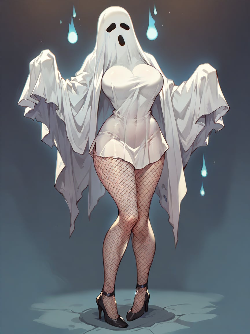 score_9, score_8_up, score_7_up, score_6_up, score_5_up,  <lora:sheetghostXLP:1> sheet ghost, solo, ghost costume, 1girl, large breasts, high heels, fishnet pantyhose, 