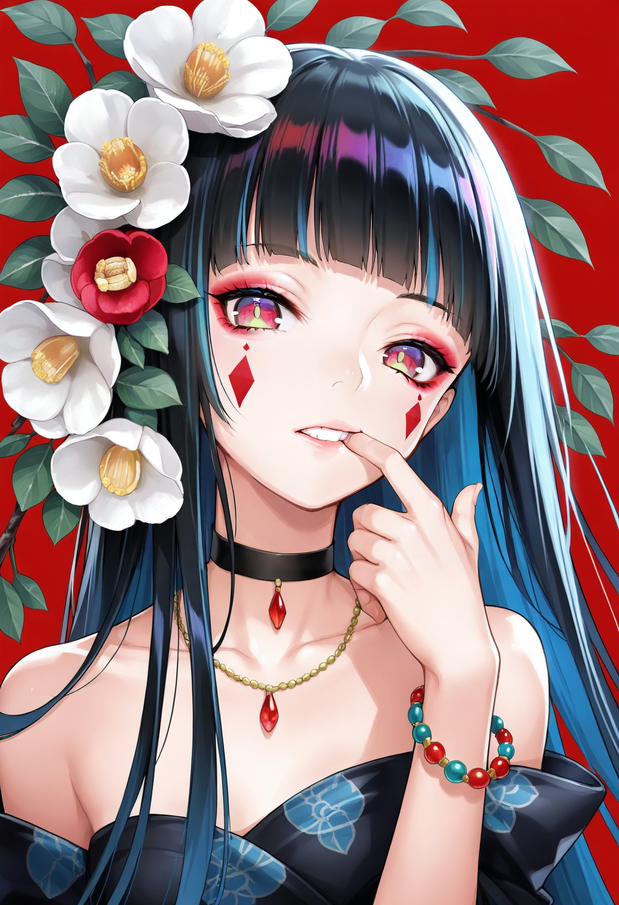 1girl, multicolored eyes, solo, flower, jewelry, red background, long hair, necklace, bracelet, hair flower, black hair, looking at viewer, hair ornament, simple background, upper body, teeth, multicolored hair, blunt bangs, finger to mouth, hand up, collarbone, makeup, choker, fingernails, parted lips, eyeshadow, red eyes, blue hair, white flower, gradient eyes, camellia, bare shoulders, branch, finger in own mouth, facial mark, leaf