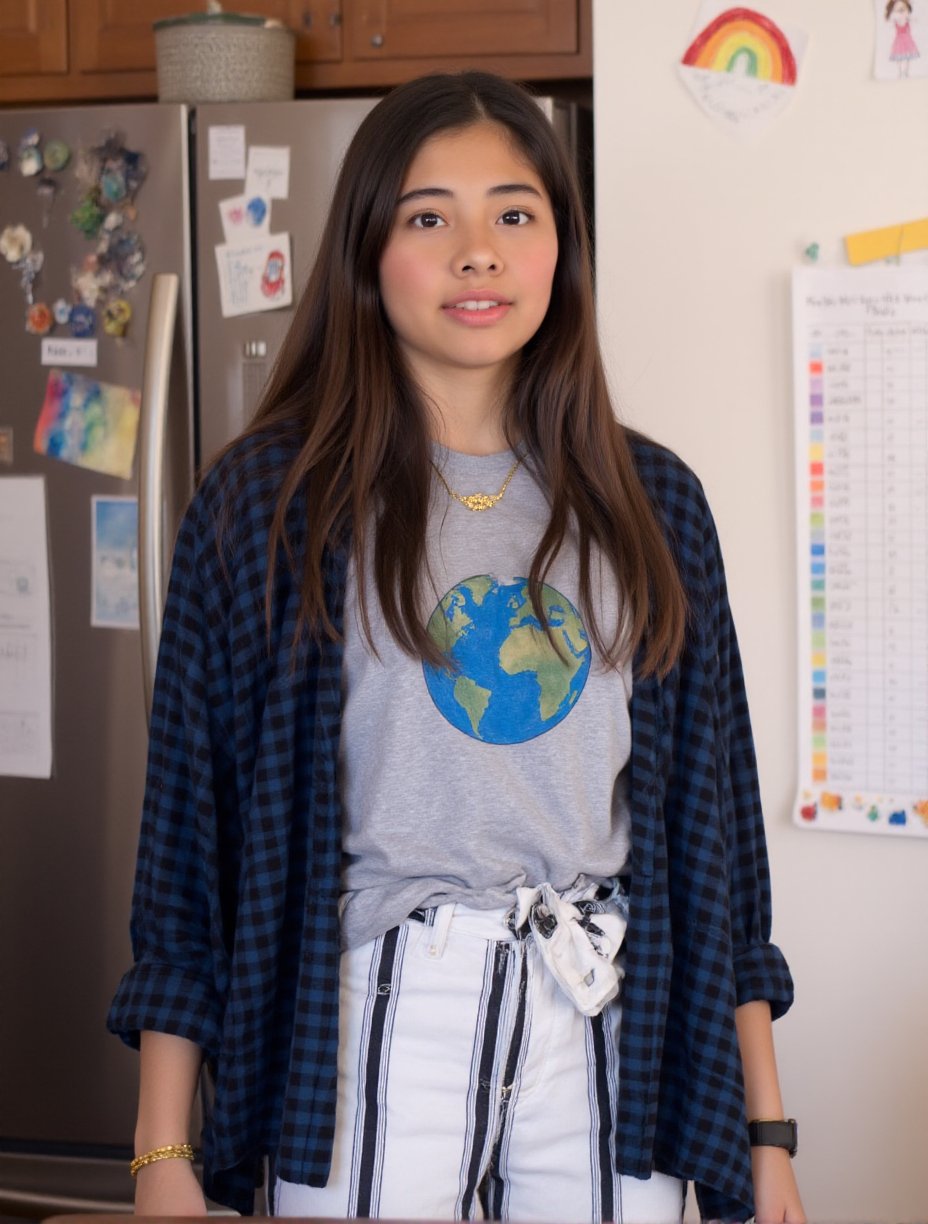 The image is a photograph of a young woman standing indoors, likely in a kitchen or living area. She has long, straight, dark brown hair and is wearing a light gray t-shirt featuring a blue, earth-toned globe graphic on the front. Over the t-shirt, she has a navy blue, checkered flannel shirt draped loosely. Her lower body is clad in high-waisted, white and black striped pants. She wears a delicate, gold necklace with a rectangular pendant.Her expression is neutral to slightly serious, with her lips slightly parted and her eyes looking directly at the camera. She has a light olive skin tone and appears to be of Asian descent.In the background, a refrigerator is partially visible on the left side, adorned with colorful magnets and notes. To the right of the refrigerator, a whiteboard is mounted on the wall, displaying a grid-like chart with various colored squares and text. Above the whiteboard, there are several pieces of artwork pinned to the wall, including a colorful drawing of a rainbow and a child's drawing of a red-haired girl with a pink dress, adding a playful, homey atmosphere to the scene. The overall ambiance is casual and intimate.,Xochitl Gomez,<lora:Xochitl_Gomez:1>