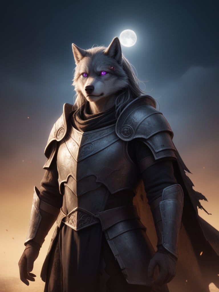 realistic, realism, real,very aesthetic, intricate details, extreme detail, abstract, surreal,dynamic lighting, ray tracing, extreme contrast,warrior, vagabond, cloak, damaged armor, dirty, embossed armor, iron armor,Jack Nguyen, elden ring,(Solo), male, anthro, (grey wolf), long hair, purple eyes, dark Grey hair, muscular, war-torn, scared, bloody, dirty fur,headshot, closes up, view from below, looking at viewer,Detailed face, Detailed eyes, detailed face, background: moonlight, stars, small moon, grim, no humans,