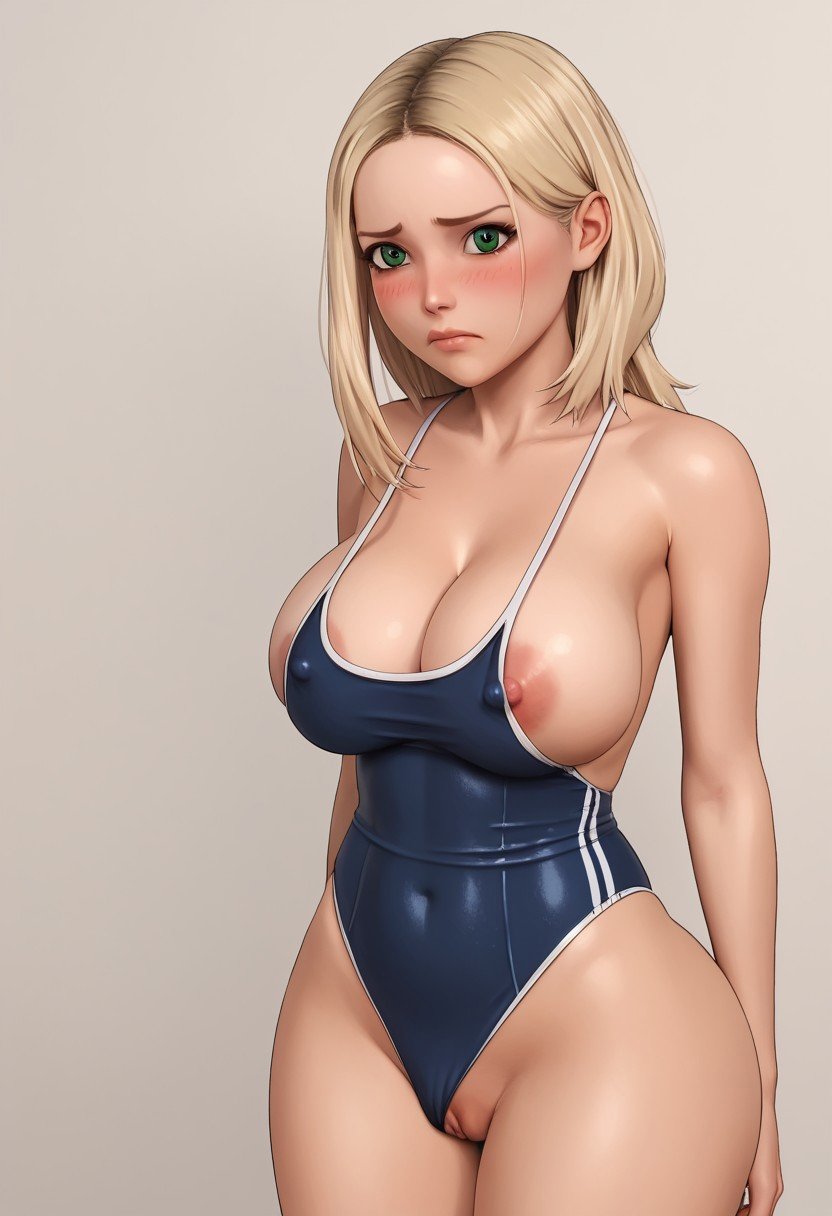 score_9, score_8_up, score_7_up, ,source_anime, 1080P,, realistic, deep skin,, high quality, highres, ,animification, anime screenacap, visit colors, skindentation, 1girl, (curvy), ((wide hips)),, ((thick thighs)), cute, , sexy, (big breasts), ,MaddisonDDL, 1girl, blonde hair, long hair, forehead, big eyes, green eyes, curvy, H&M_PGD3, (full cleavage), school swimsuit, blue swimsuit, highleg, (sleeVeless, sideboob), (erect nipples), big nipples, covered nipples, ((areola slip)), pussy, ((blush)), solo, nervous, frown, 