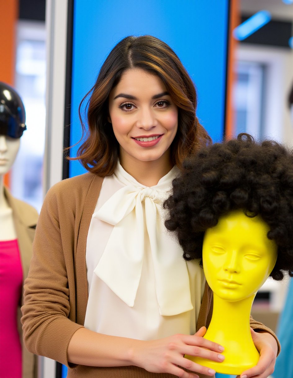 The image is a photograph featuring a young woman standing indoors. She has a light olive skin tone and shoulder-length, wavy brown hair. Her facial features are well-defined, with brown eyes and a small, neat nose. She is wearing a white blouse with a large, elegant bow at the neck and a brown cardigan. Her expression is friendly and approachable, with a slight smile on her lips.In her hands, she is holding a bright yellow mannequin head with a large, curly black wig attached. The mannequin head is smooth and slightly glossy, suggesting it is made of plastic or a similar material. The background is slightly blurred but reveals a modern, brightly lit room with orange and blue accents. There are several mannequins visible, one of which is dressed in a pink outfit and another in a beige jacket. Behind the woman, there is a large, rectangular, metallic light fixture with a blue tint. The overall setting suggests a retail environment or a fashion store. The image has a vibrant, colorful palette and a clear, crisp quality, indicative of a high-resolution photograph.,Vanessa_Hudgens, <lora:Vanessa_Hudgens_Flux_V1:1>