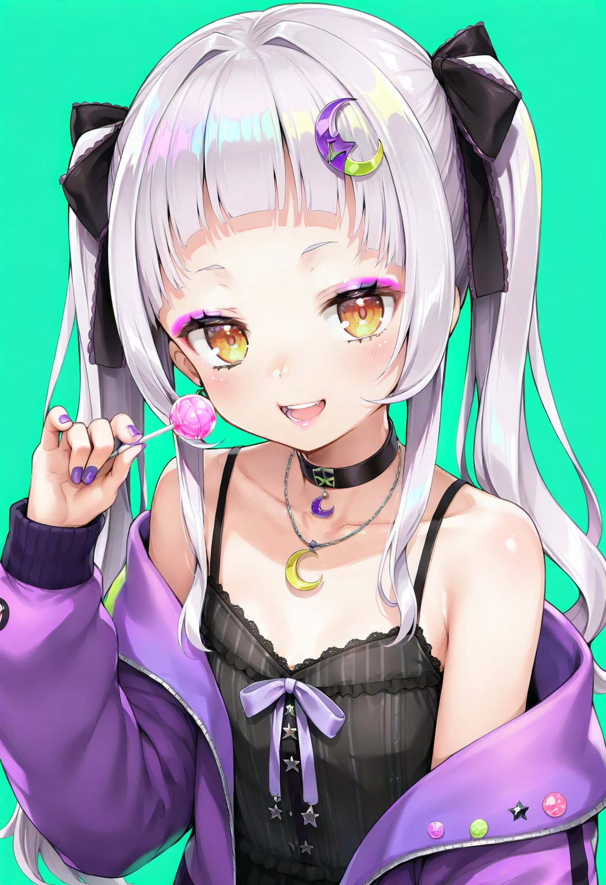 1girl, murasaki shion, virtual youtuber, lollipop, food, solo, candy, twintails, grey hair, long hair, purple nails, holding lollipop, holding food, hair ornament, holding candy, jacket, looking at viewer, choker, holding, yellow eyes, jewelry, nail polish, necklace, crescent, upper body, hair ribbon, eyeshadow, ribbon, alternate costume, off shoulder, open mouth, bare shoulders, green background, teeth, makeup, purple jacket, camisole, arched bangs, crescent hair ornament, smile, collarbone, hairband, orange eyes, black ribbon, long sleeves, blunt bangs, black choker