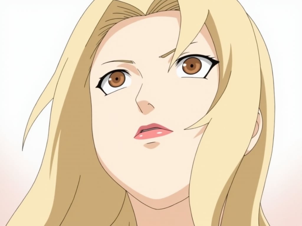 A cartoon image of a girl with long blond hair. She has a pale face, blue eyes and brown eyebrows. She has red lipstick under her lips. She is looking upwards from the bottom up,tsunade,<lora:Tsunade_Flux_V1_r1:0.8>