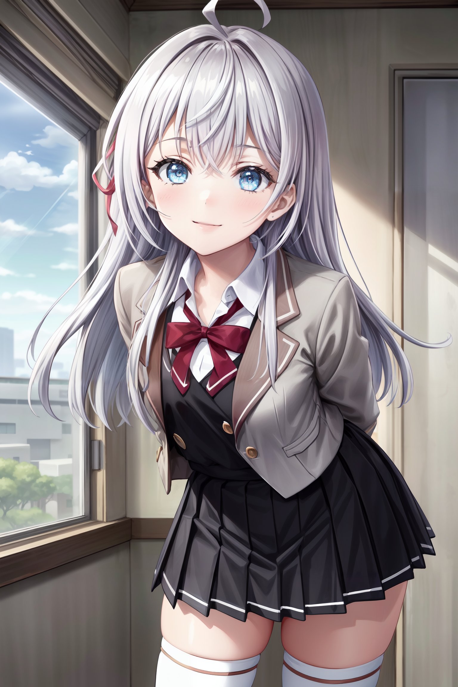 1girl, (((masterpiece, best quality))), (absurdres, absolutely resolution), (8k), (detailed beautiful face and eyes), (detailed illustration), (superfine illustration),   <lora:more_details:0.5>, <lora:alisa_mikhailovna-v2:0.7> alisa_wz, grey hair, long hair, ahoge, sidelocks, medium breasts,  blue eyes, red hair ribbon, school uniform, collared shirt, white shirt, red bowtie, black pinafore dress, pinafore dress,  grey jacket, long sleeves, black skirt, miniskirt, pleated skirt, crossed bangs, open jacket, white thighhighs, standing, cowboy shot, looking at viewer, smile, arms behind back, leaning forward, school yard, light rays