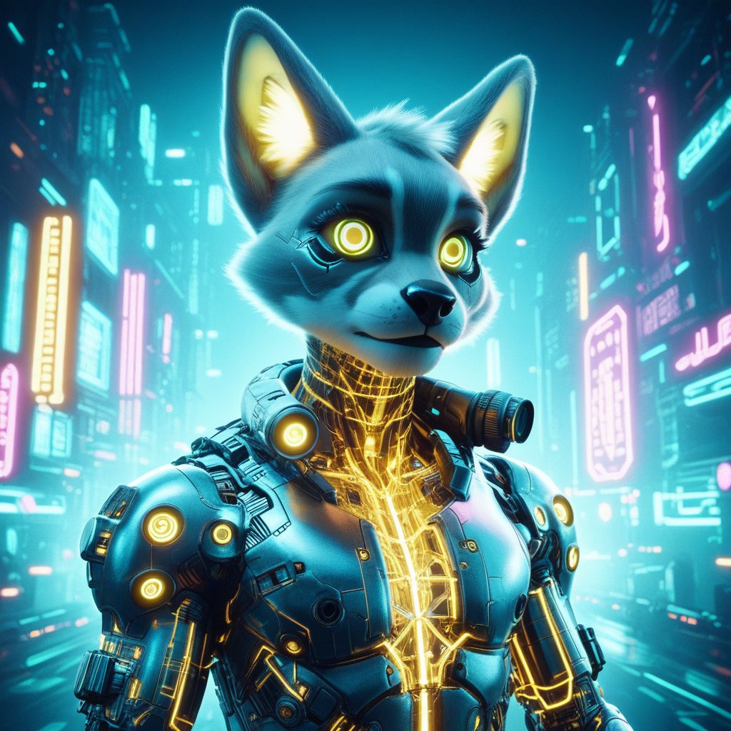 score_9, score_8_up, score_7_up, Design a 3D furry character in a futuristic cyberpunk setting. The character is a humanoid with mechanical enhancements, glowing neon accents, and sleek, futuristic clothing. Their fur has a metallic sheen, and they are equipped with high-tech gear. The background is a dystopian cityscape filled with neon lights and towering structures, emphasizing the cyberpunk theme. Use bold lighting effects to highlight the character's tech-enhanced features