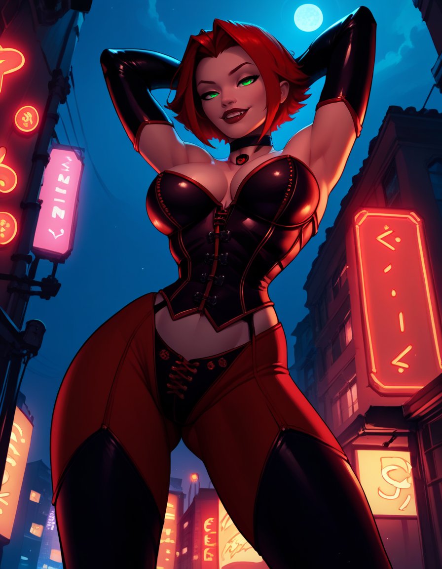 score_9, score_8_up, score_7_up,score_6_up, score_5_up, score_4_up , 1girl, solo, large breasts,RayneDG,red hair, green eyes, short hair, elbow gloves, jewelry, choker,  corset, bustier, latex legwear, naughty face, hands behind head, vampire, from below, city, night, neon lights, dim_lighting,    <lora:Rayne DG PXL v01:1>