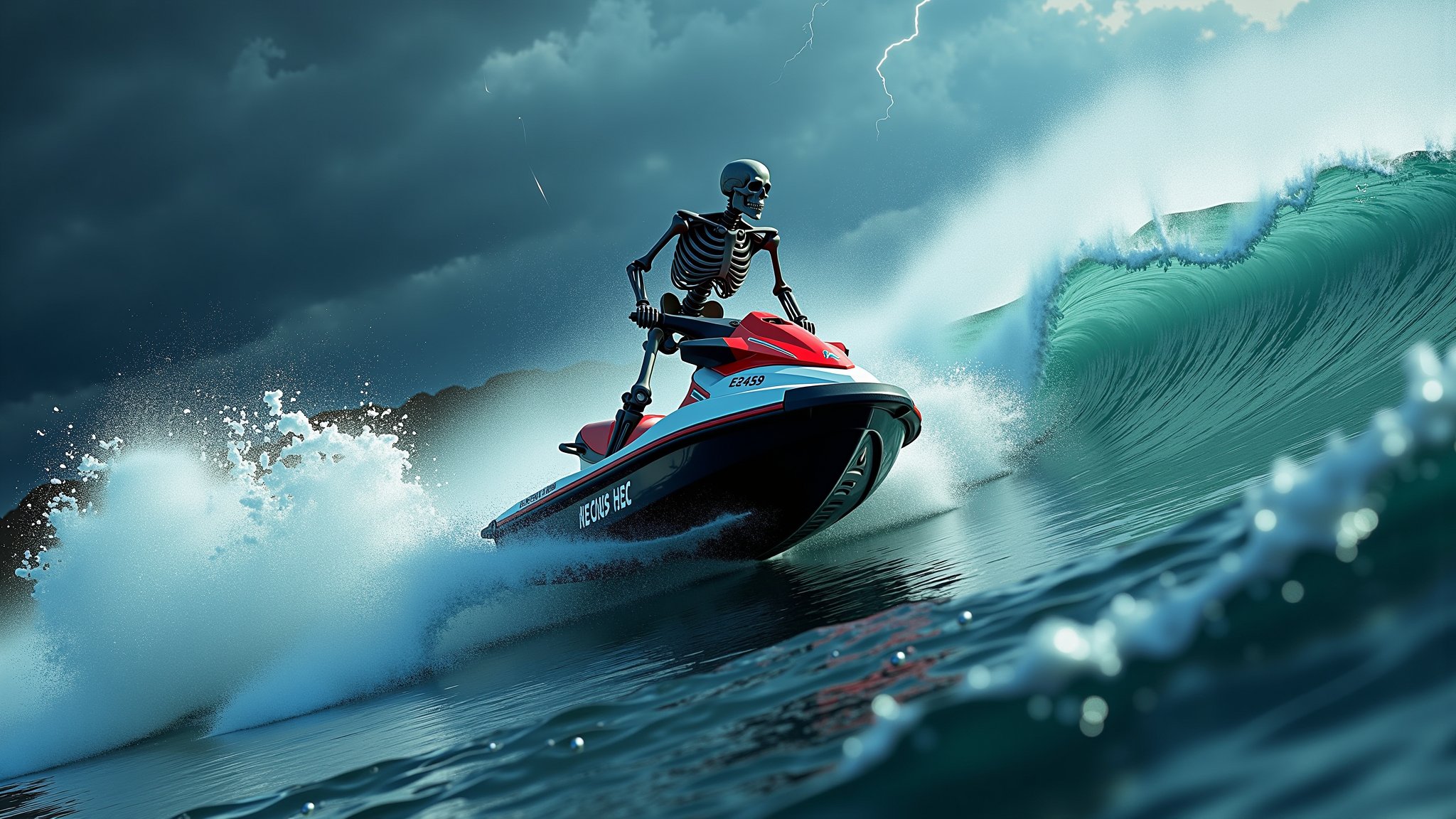 Skeleton on a jet ski jumping large ocean waves, Dark, lightning, stormy sea, abstract, 3d render, strong, insanely intricate details, Epic, Marbled effect, (masterpiece), (view from below), natures art work, UHD, Painstaking Attention To Details, Skeleton on a jet ski