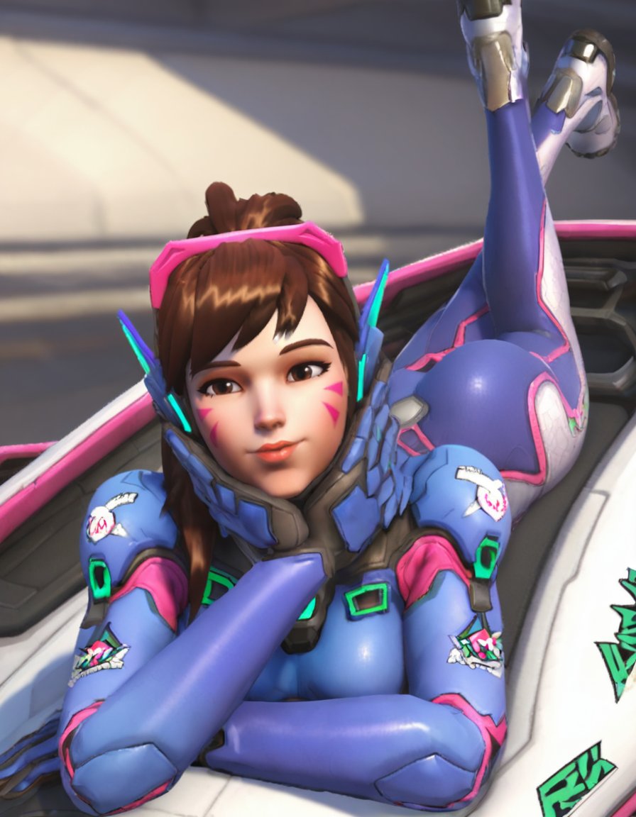 1girl, solo, d.va (overwatch), bodysuit, on stomach, facial mark, headphones, long hair, breasts, whisker markings, lying, brown eyes, looking at viewer, brown hair, skin tight, ass, lips, blue bodysuit, swept bangs, pilot suit, <lora:D.Va:0.7>