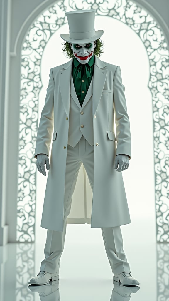 professional, award-winning, intricate details, ultra high detailed, 64k, dramatic light, volumetric light, Minimalist fashion photo of a comic book villian Joker in white suit and top hat. White filigree background, 8k,ek_art_b00ster,anime,illustrated,Enhanced all