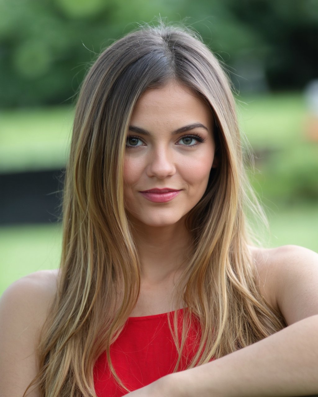 A portrait of victoria_justice outdoors. She has long,  straight blonde hair and striking blue eyes. She wears a red halte...