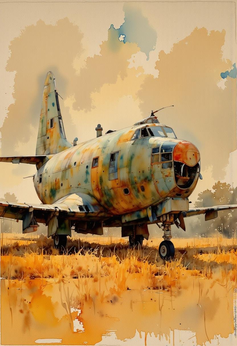 A vatercolor painting of an old propeller plane in a field. The plane is painted in a camouflage pattern of green,  brown,...