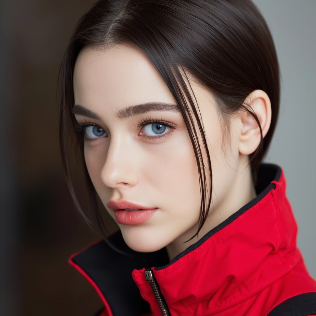 A close-up portrait of dasha_taran with striking blue eyes. She has a short, sleek black bob hairstyle and wears a red jacket with black accents. The jacket has a high collar and a zipper running down the front. The woman's expression is neutral, with her gaze directly at the camera. The background is blurred, emphasizing the subject. The image style is contemporary, emphasizing her facial features and clothing.