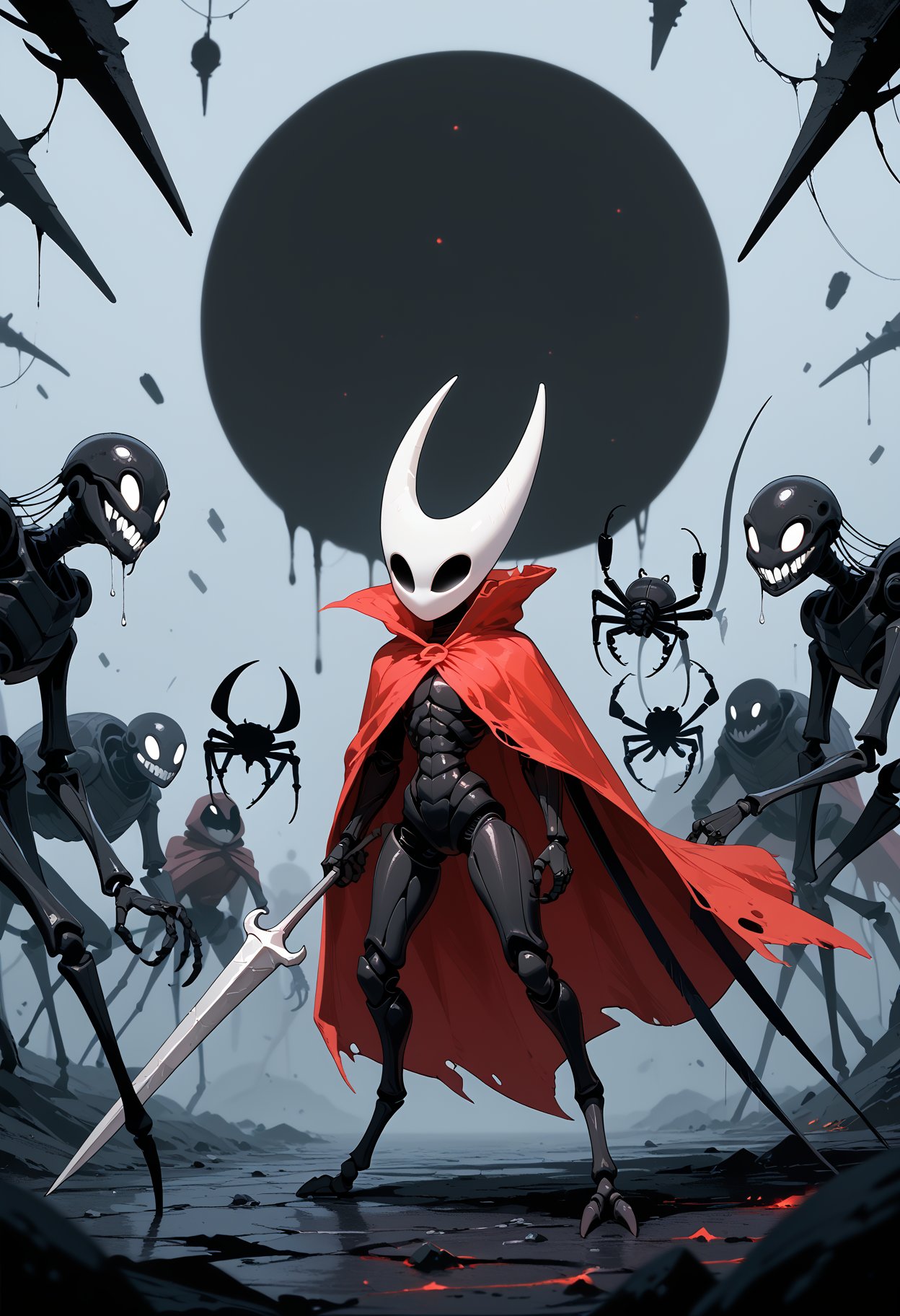 score_9,score_8_up,score_7_up,masterpiece,best quality,8k,solo,hornet \(hollow knight\),arthropod,exoskeleton,black body,white mask,empty eyes,red cloak,digitigrade,featureless feet,2 toes,raise your weapon and point to the sky,the background of terror,there are monsters everywhere,the weapon flashed a terrifying red flash,