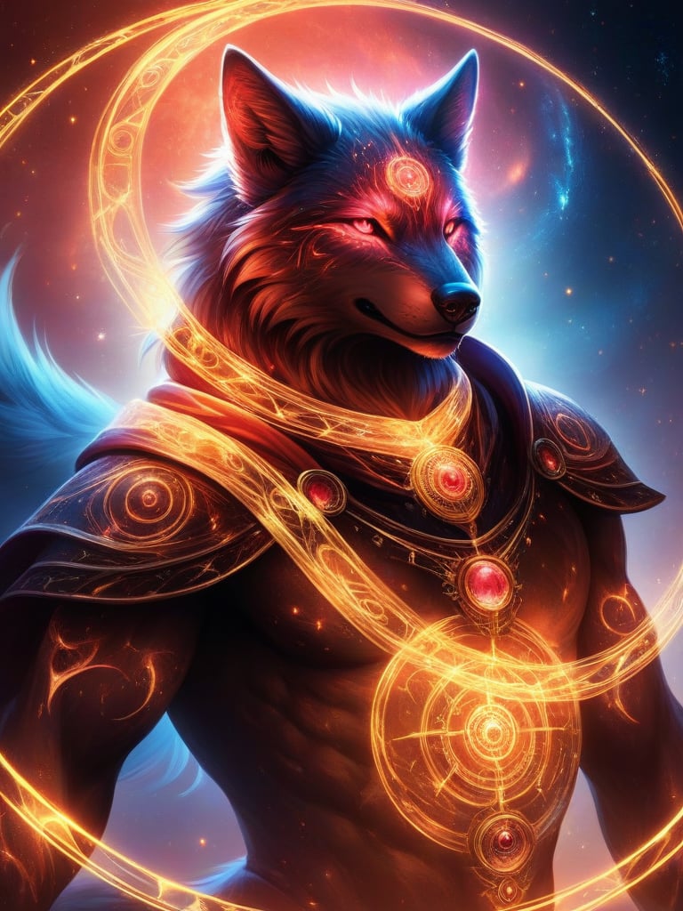 score_9,score_8_up,score_7_up,(closeup on face), view from behind,glowing tattoo, looking over shoulder, grimoire,(Solo), Red Wolf, glowing pink eyes, anthro wolf, long fur, body fur, grin with tooth showing,Detailed face, Detailed eyes, very aesthetic, intricate details,many magic circles, magic circles, magic array, back light, light particles, abstract, beautiful, Expressive,demonic portal, evil intent, apocalypse, Destroyed moon,ancient runes, interlinking rings,glowing red and gold robe, magical ribbons, magical scarf, golden accents, armor spikes,