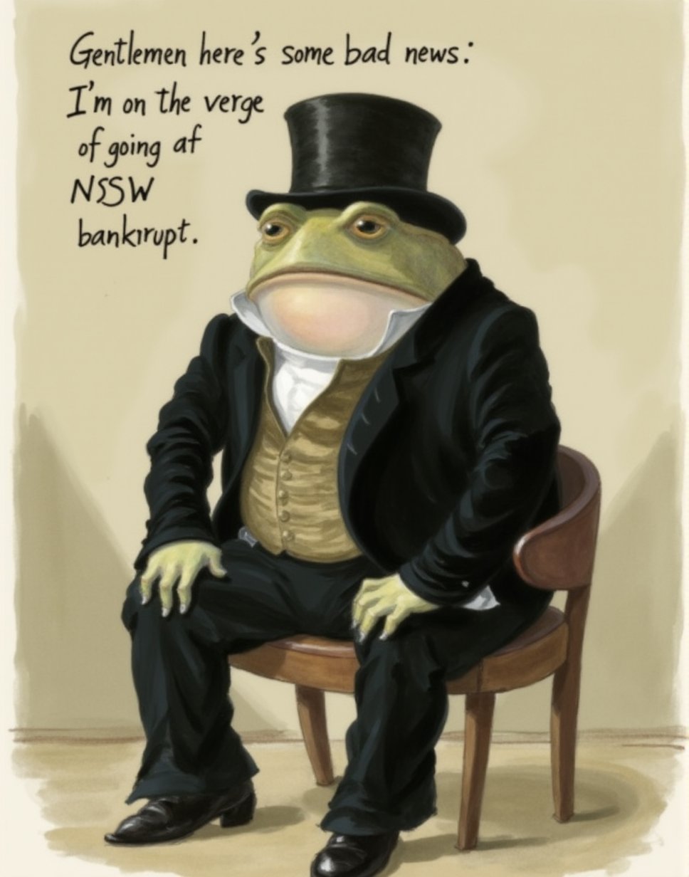 The image is a digital drawing in a classic, humorous style, reminiscent of 19th-century satirical prints. It depicts a large, anthropomorphic frog dressed in a black suit with a white shirt and a brown waistcoat, seated on a wooden chair. The frog has a human-like face with a wide mouth and large, expressive eyes, and it is wearing a top hat. The suit is formal and tailored, with a high collar and a buttoned waistcoat, suggesting a sense of formality and seriousness.The background is a plain, muted beige, with a subtle gradient that fades into the bottom of the image. The frog's posture is upright and composed, with its hands resting on its lap. The frog's legs are visible, clad in black pants that match the suit, and its feet are positioned on the floor.Above the frog, there is a text overlay in white, bold font that reads, "Gentlemen, here's some bad news: I'm on the verge of going bankrupt due to the lack of NSFW content." This text humorously contrasts with the formal attire and composed demeanor of the frog, suggesting a humorous commentary on the lack of adult content in the context of the frog's financial struggles.， <lora:Gentleman_Frog_Flux_V1-000001:1>