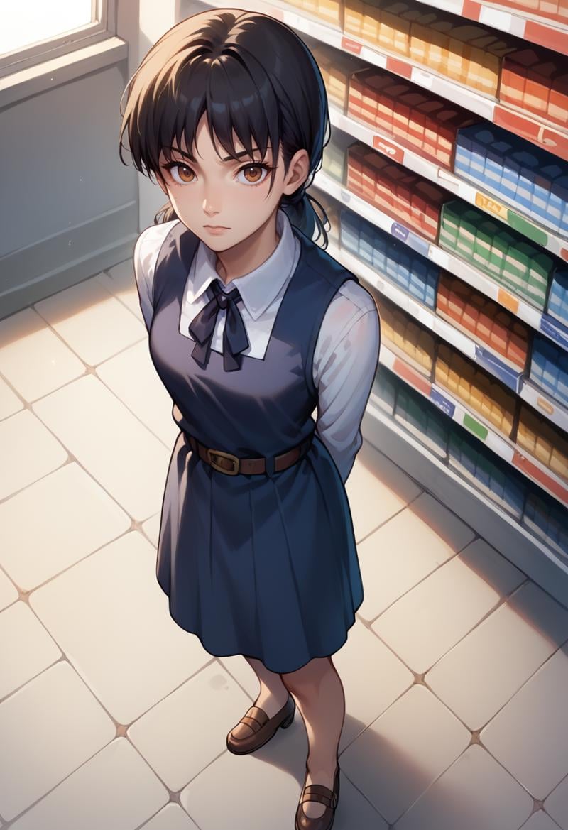 score_9, score_9_up, score_8_up, Expressiveh, raw, gorgeous, pixiv, highres, highly detailed,  <lora:Yoruv4:1>, Asa_mitaka, brown eyes, black hair, black ribbon, black pinafore dress, from above, standing in a store, depth of field, fisheye lens, arms behind back