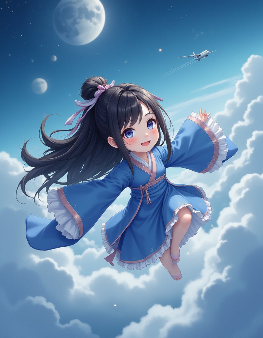 18-year-old cure beauty hanfu girl,close-up,from_above,aerial,a lot of wind,flying on the clouds,night sky moon,heavenly palace,curvy,focus on her face,(high speed flying girl:1.1),in the distance there is a plane leading to the flight,chibi,detached_wings,