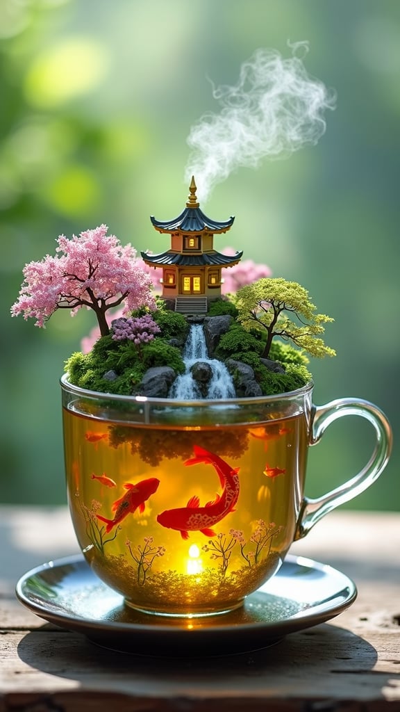 Title: A photo with Chinese style text, The text says "ALL THE TEA IN CHINA".Theme: A whimsical scene, inside a transparent glass teacup there is a miniature enchanted landscape, At the top place a golden pagoda surrounded by blooming trees and lush greenery, below includes Koi Carp fish, with a serene underwater scene,  a gentle mist rising, magical touch, atmosphere is dreamy and fantastical, blending elements of nature and fantasy within the confines of the teacup,