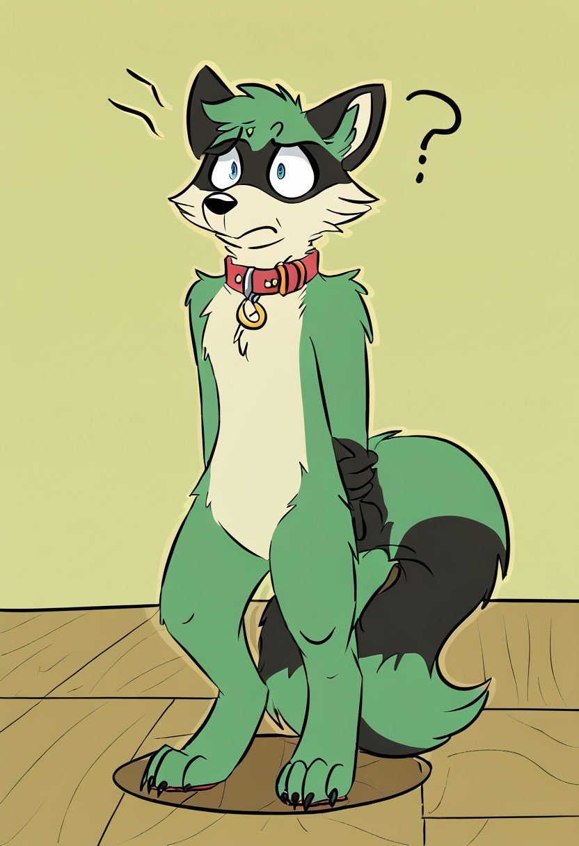 maypul, green fur, raccoon, wearing a collar, as a pet, confused look on her face, funny.