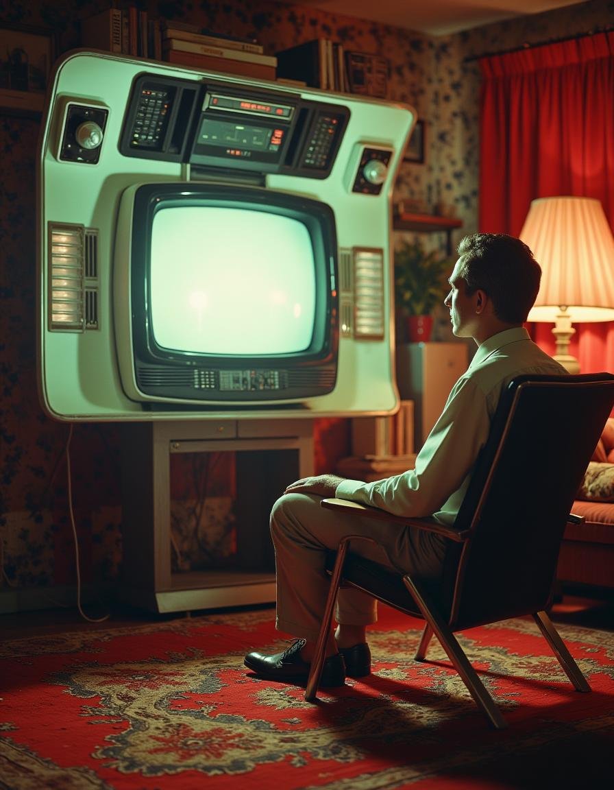 Vintage Sci-fi . a man sitting in a chair watching tv<lora:Vintage_Sci-fi_Movie:0.8>