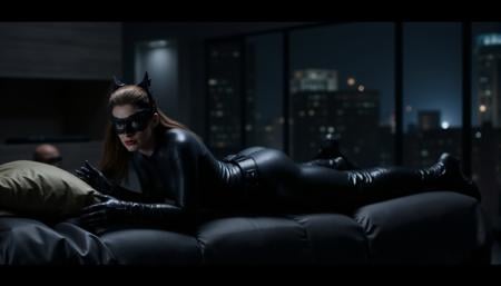 Catwomanis laying on a bed in the batcave<lora:Catwoman2012:0.9>