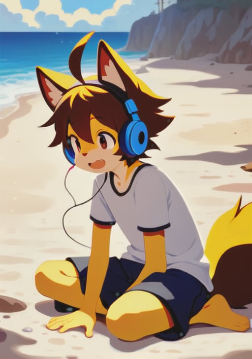 ahoge, furry, Children with bells and headphones, furry, open mouth, Big fluffy tail, An eight-year-old boy, Not a spot on the whole body, Yellow cat ears and brown antlers, Gray shorts, White shirt, The size of the cat, Juvenile, Skinny body type, 1boy, cat boy, furry, cub, ultra cute face, full body, perfect lighting, masterpiece, ultra detailed, White clothes,  ultra detailed fur, Beach, outside, The blue sky and white clouds, Alone,barefoot