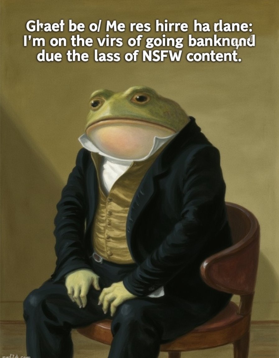 This image is a digitally created parody of a famous painting, The text at the top of the image reads, "This is a traditional painting of a frog wearing a tailcoat, sitting on a chair. Above the frog is the caption: 'Gentlemen, gentlemen, here's some bad news: I'm on the verge of going bankrupt due to the lack of NSFW content.'  The subject of the image is a cartoon-like frog, depicted in a seated position, wearing a black suit with a white shirt and a yellow waistcoat. The frog is positioned in the center of the image, with its legs crossed and hands resting on its knees. The background is a simple, muted brown, and the frog is set against a wooden chair with a curved back and arms. The frog's face is expressive, with large, round eyes and a wide, flat mouth, typical of a frog. The image conveys a sense of humor." in bold, white, uppercase letters. The overall style of the image is humorous and satirical, using the classic "Thinker" pose to make a joke about streaming content. The image is meant to be humorous and is not intended to be a serious or accurate representation of the original painting. Gentleman Frog<lora:Gentleman_Frog_Flux_V1-000001:1>