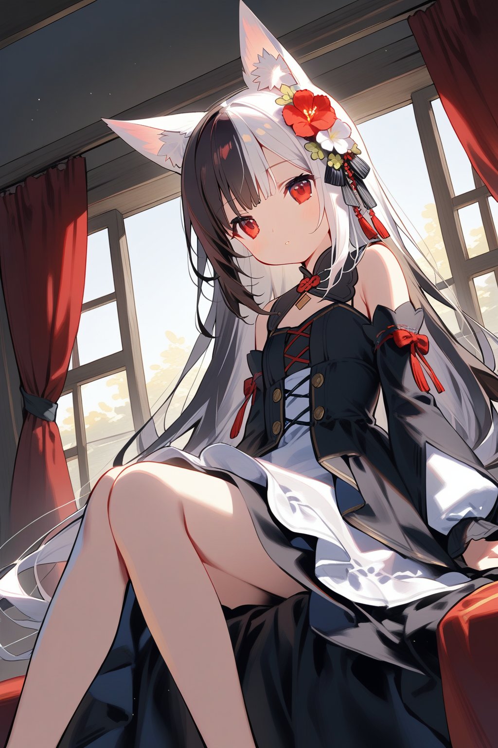 1girl, solo, long_hair, hair_ornament, dutch_angle, white_hair, animal_ears, sitting, long_sleeves, red_eyes, flower, hair_flower, window, watermark, black_hair, dress, detached_sleeves, curtains, feet_out_of_frame, multicolored_hair