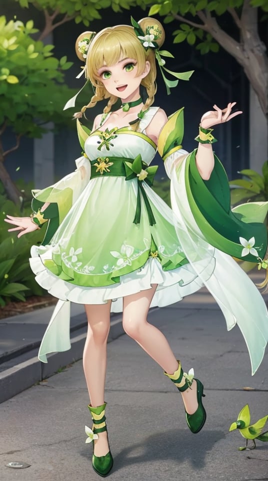 huaying, 1girl, green eyes, solo, braid, dress, twin braids, open mouth, green dress, full body, blonde hair, smile, detached sleeves, green ribbon, green footwear, choker, green theme, hair ornament, green bow, bangs, looking at viewer, green choker, bare houlders, hair bun, wrist cuffs, wide sleeves, double bun, bare legs, bug, hair flower, hair rings, outdoors, socks, yellow socks,  collarbone, outdoors,looking at viewer,<lora:huaying-10:0.7>