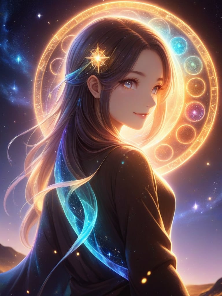 score_9,score_8_up,score_7_up,(closeup on face), view from behind,glowing tattoo, looking over shoulder, (Solo), a beautiful girl, smile, happy, long hair, oversized sweater,magical ribbons, magical scarf, golden accents, hair bow,Detailed face, Detailed eyes, detailed facevery aesthetic, intricate details,magic circles, magic array, back light, light particles, glowing rings, glowing hair, runes on clothing, ancient runes, interlinking rings,abstract, beautiful, Expressive,Destroyed moon, view of the sky, nighttime, stars, zodiac signs,