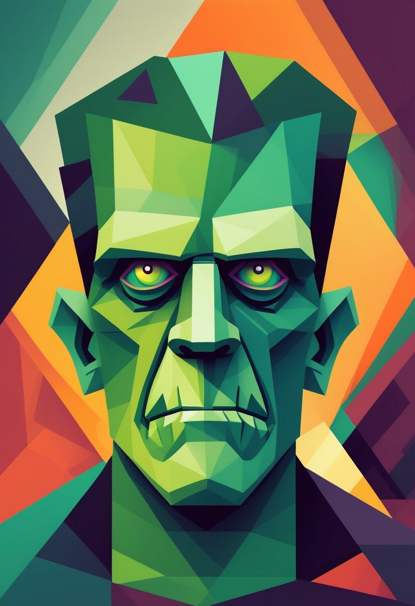 Create an image of Frankenstein's monster in an abstract style, using geometric shapes and unconventional colors to represent the character's essence. The background should be a chaotic blend of forms and colors, evoking a sense of confusion.