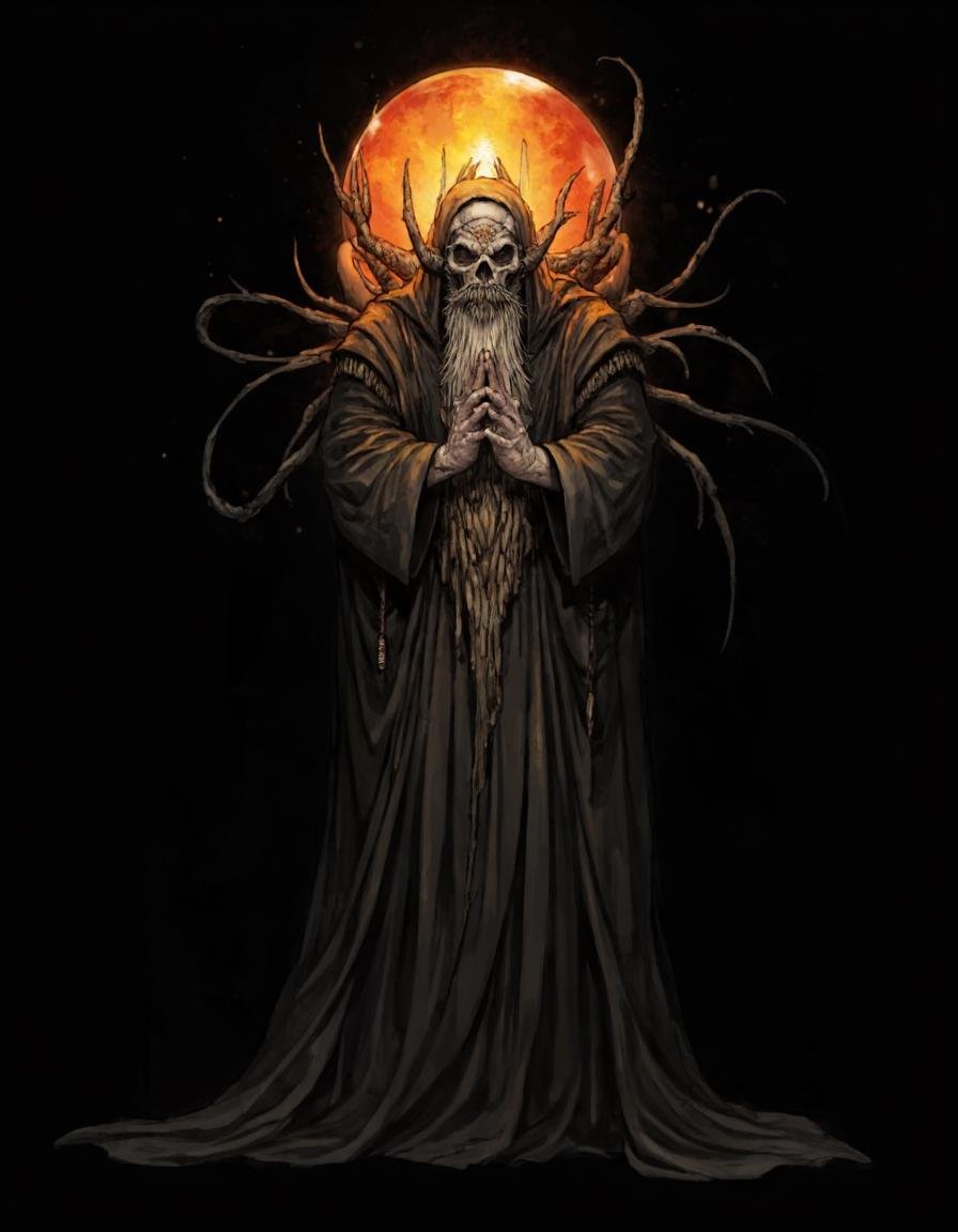 The image is a digital illustration of a demonic figure with a skull-like face and a long beard. The figure is wearing a b...