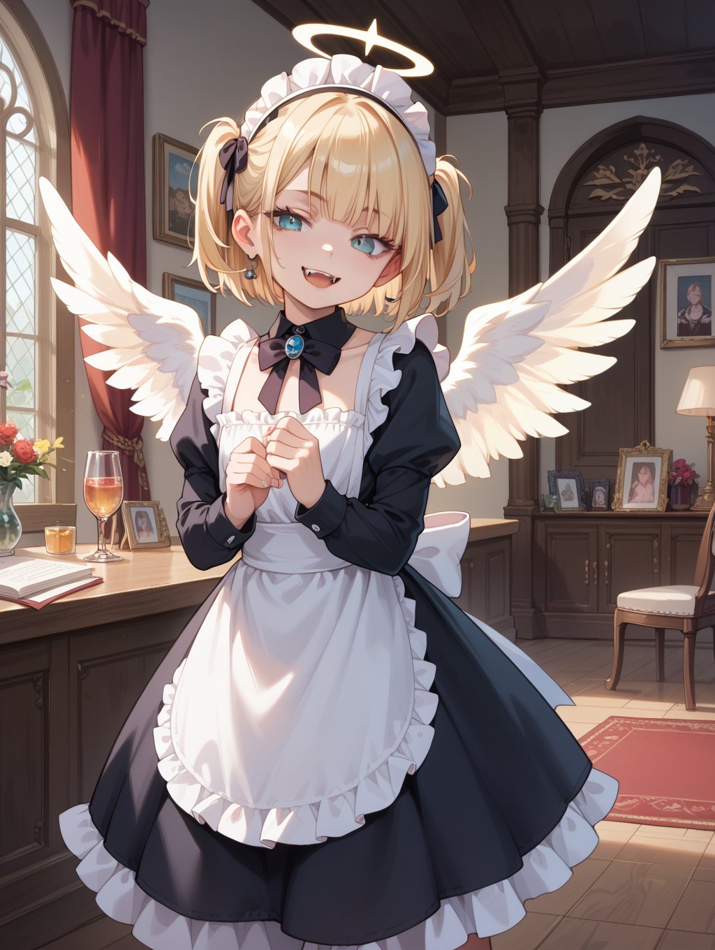 score_9, score_8_up, score_7_up,masterpiece, best quality,indoors, 1girl, smug, fangs, angel, angel wings, gothic,maid,