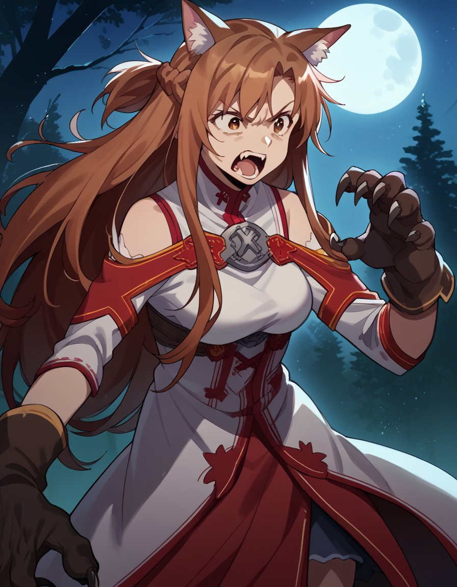 score_9, score_8_up, score_7_up, source_anime, asunayuuki, <lora:asuna-yuuki-s1-ponyxl-lora-nochekaiser:1>, asuna yuuki, long hair, brown hair, brown eyes, medium breasts,, <lora:werewolf-ponyxl-lora-nochekaiser:1>, werewolf, furry, fangs, animal ears, gloves, angry, teeth, animal ear fluff,, forest, night, moon, open mouth,, cowboy shot