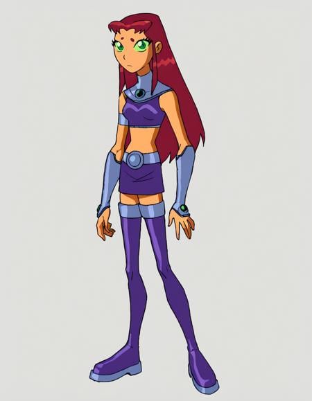 <lora:StarfireTTPony:1> StarfireTT, green sclera, solo, red hair, transparent background, long hair, green eyes, purple skirt, gorget, midriff, 1girl, purple footwear, orange skin, full body, crop top, navel, bracer, armlet, score_9, score_8_up, score_7_up, score_6_up, score_5_up, score_4_up cowboy shot,