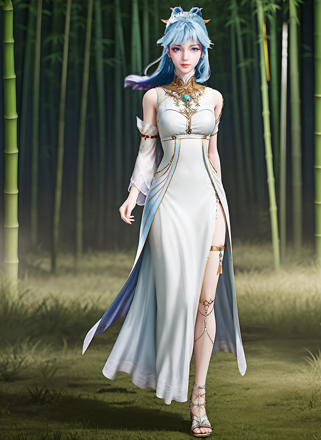 realistic,shiny skin,shiny clothes,shiny,bamboo forest,grass,nature,blurry background,looking at viewer,<lora:C_绝世唐门_唐梧桐_OCT:0.7>,1girl,solo,twt,blue hair,long hair,double hair bun,hair rings,hair ornament,multicolored hair,bangs,gem,chest jewel,bare shoulders,detached collar,detached sleeves,asymmetrical sleeves,shoulder rings,chinese clothes,white dress,sash,waist_jewel,waist jewel,side-slit,thigh strap,leg jewel,anklet,sandals,full body,standing,