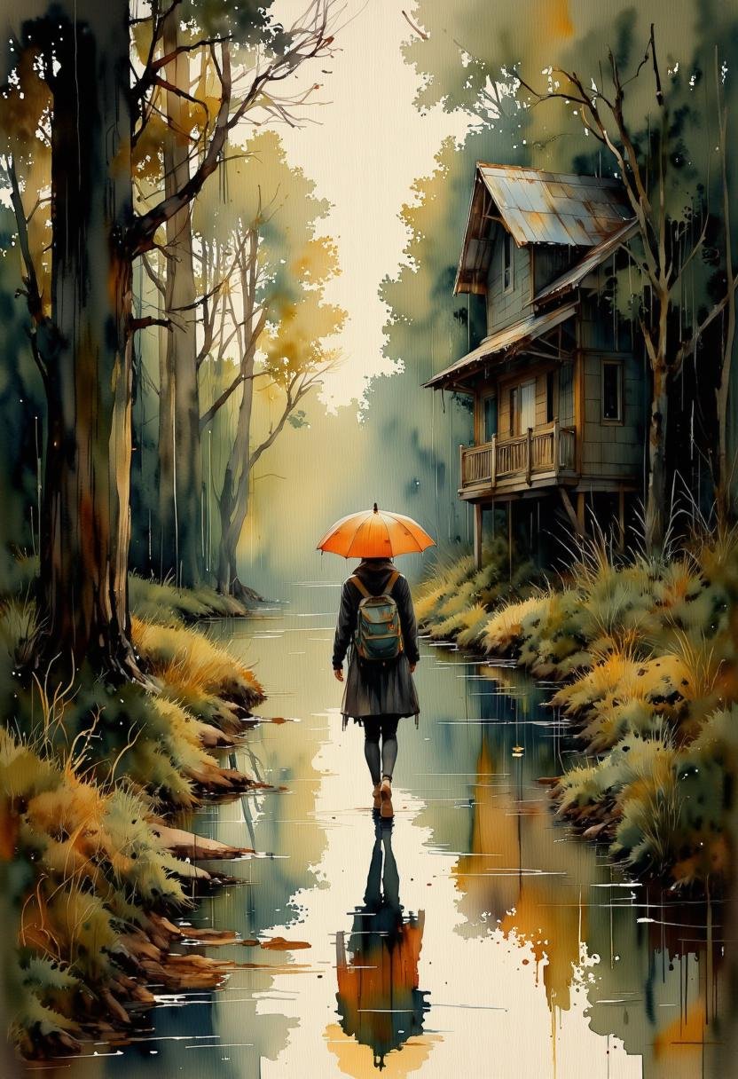 A watercolor painting of a person walking in the rain on a wet path in a forest. The person is holding an orange umbrella...