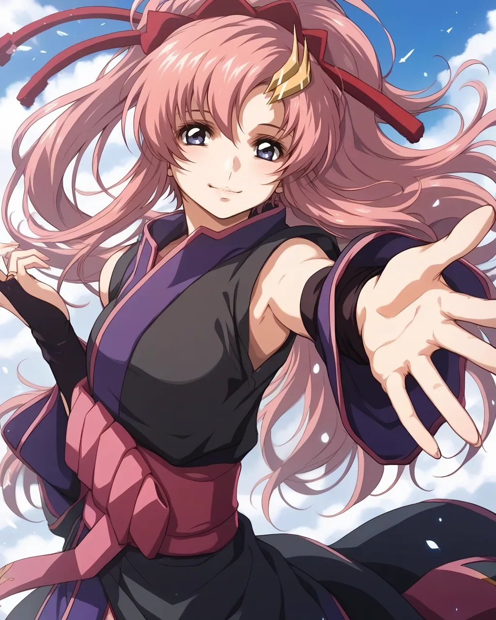 score_9,score_8_up,score_7_up,best quality, 4k, rating_safe, very aesthetic, source_anime,1girl,<lora:Lacus_Clyne>,Lacus ClyneAA,blue eyes,pink hair,long hair,hair ornament,ponytail,hair ribbon,sleeveless,short kimono,sash,black kimono,black bridal gauntlets,elbow gloves, cowboy shot,looking at viewer,smile,dynamic angle,reaching out,,