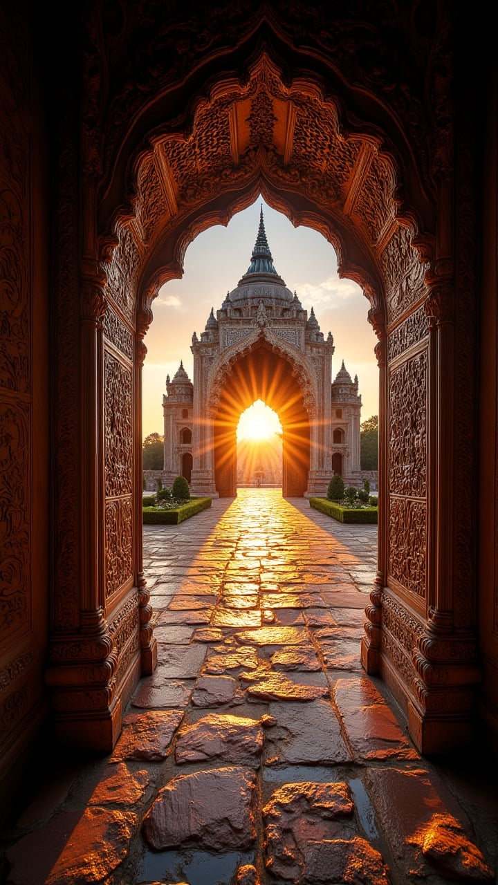 from the view of an ant, view from the ground, weird camera angle, Inside the iconic Crystal Palace of King Aron, a mystical scene unfolds before us. The intricate carvings and patterns on this ancient structure are illuminated by the warm glow of the setting sun, Panorama, Vivid, midjourneyv6.1