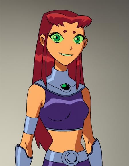 <lora:StarfireTTPony:1> starfirett, 1girl, red hair, solo, long hair, green eyes, orange skin, armlet, gorget, crop top, midriff, smile, purple skirt, green sclera, breasts, purple footwear, bracer,upper body, portrait,  score_9, score_8_up, score_7_up, score_6_up, score_5_up, score_4_up, looking at viewer,