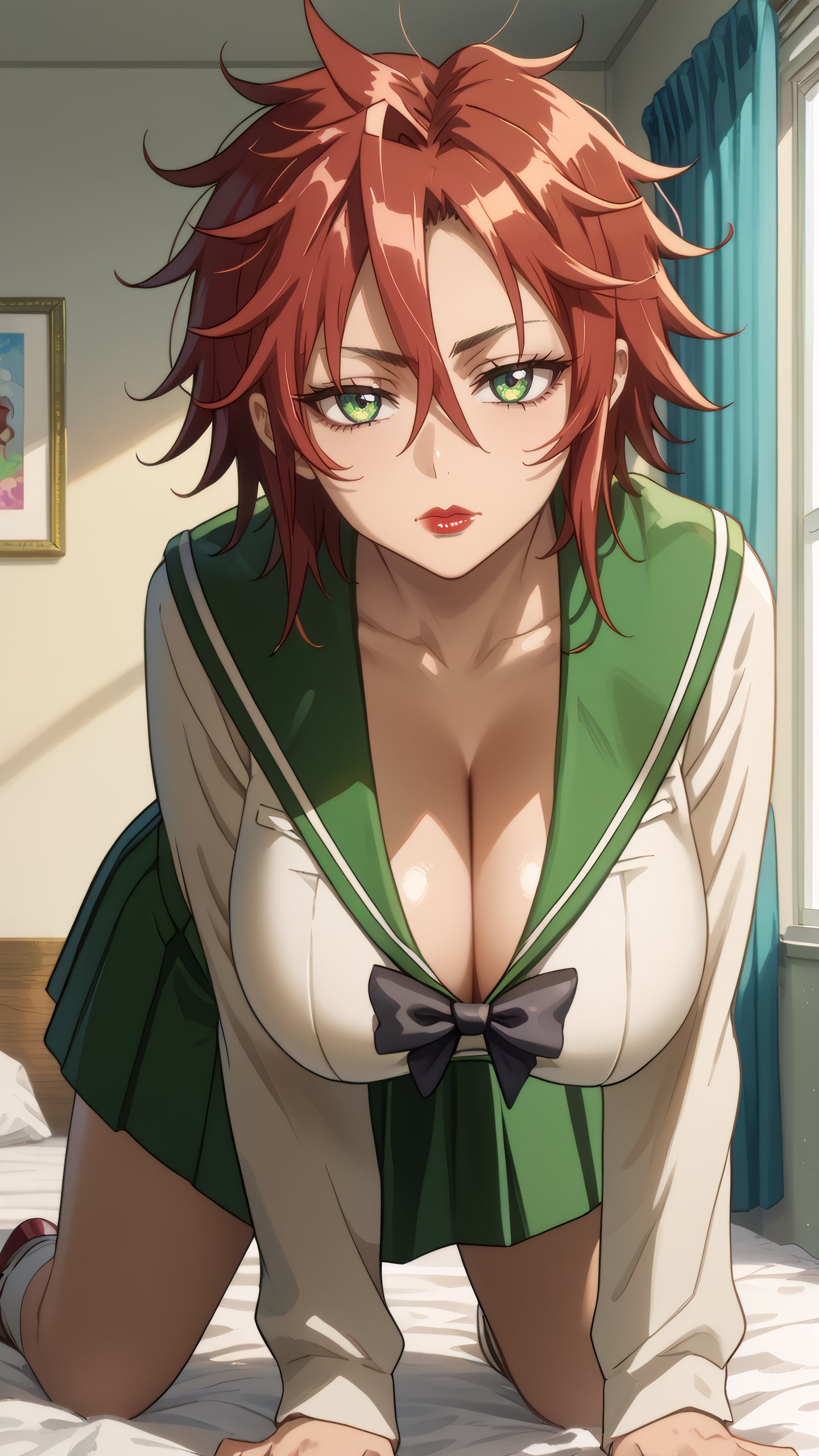 score_9, score_8_up, score_7_up, 1girl, looking at viewer, cowboy shot, mature female, <lora:Hotd_Artstyle_Dwnsty:0.8> , hotd-artstyle,red hair, short hair, messy hair,  hotd_school_uniform, school uniform, serafuku, green skirt, pleated skirt, black bowtie, lips, happy, huge breasts, naughty face, makeup, lipstick, red lips, cleavage, hanging breasts, indoors, bedroom, on bed, all fours, bored, raised eyebrow,  <lora:HOTD_Uniform_Dwnsty-000008:0.7>