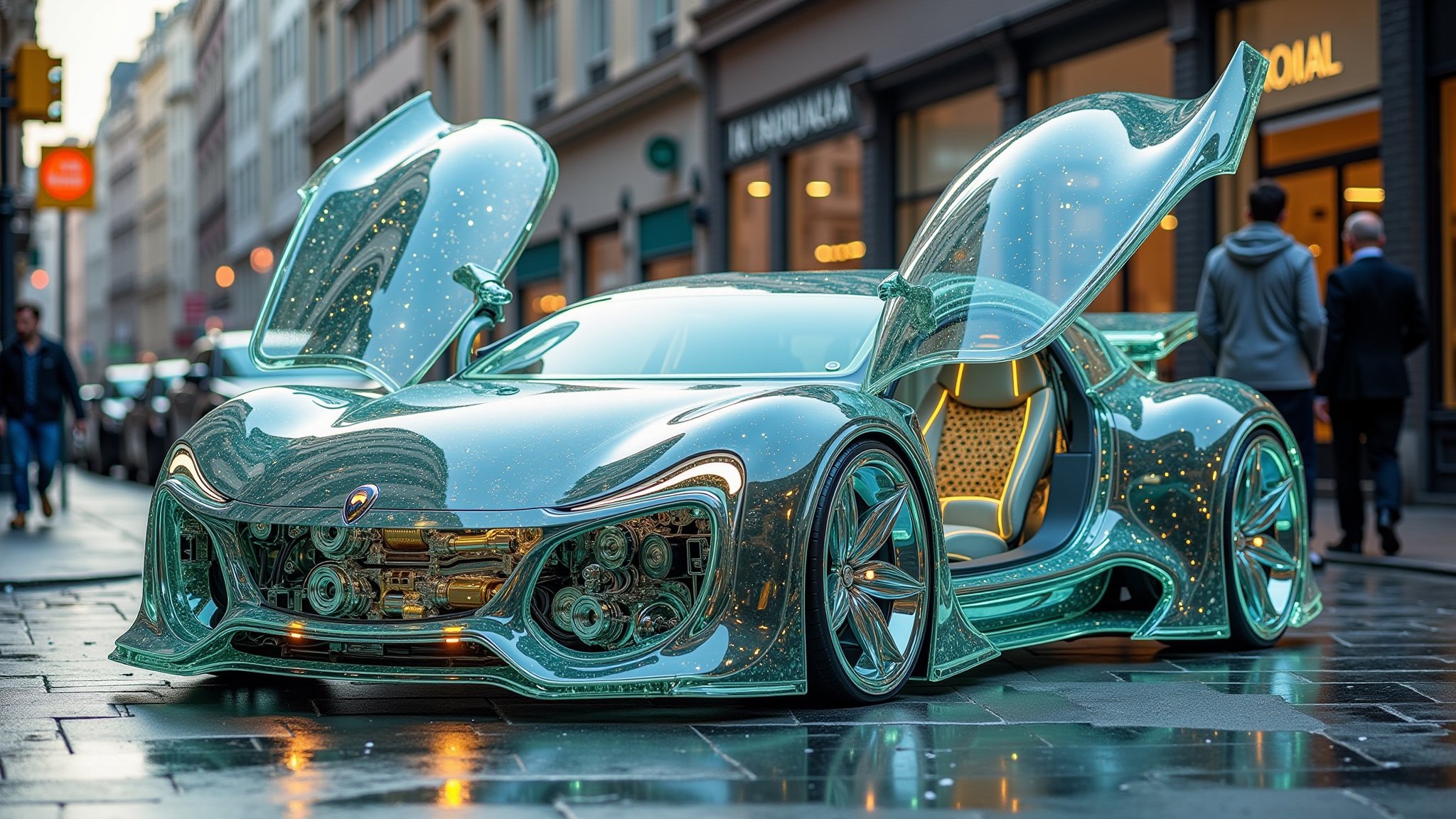 photo of a transparent future car, Car is fully made from glass , Open Gull Wing Doors, revealing engine and transmission, very detailed, UHD, Ceramic glass craft style, combines ceramic and glass materials to create unique and innovative artwork, offers versatility in texture and transparency, allows for experimentation with light and color, Car is park in a busy city street.